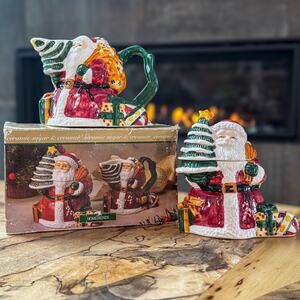 Vintage Santa Claus Christmas Tree Ceramic Decorative Sugar & Creamer Set-Flaw